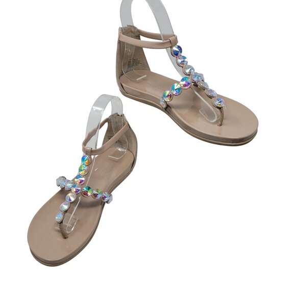 Kenneth Cole Reaction Slim Key Sandals Sz 6 Nude Rhinestone T-Strap Glam Formal - Picture 1 of 12